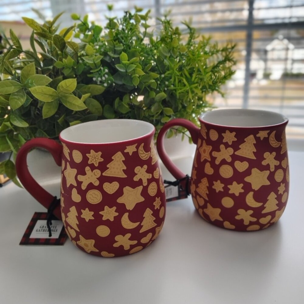 Grateful Gatherings Red & Gold Porcelain Footed Holiday Mugs | Set of 2 | 8 oz - Picture 2 of 5